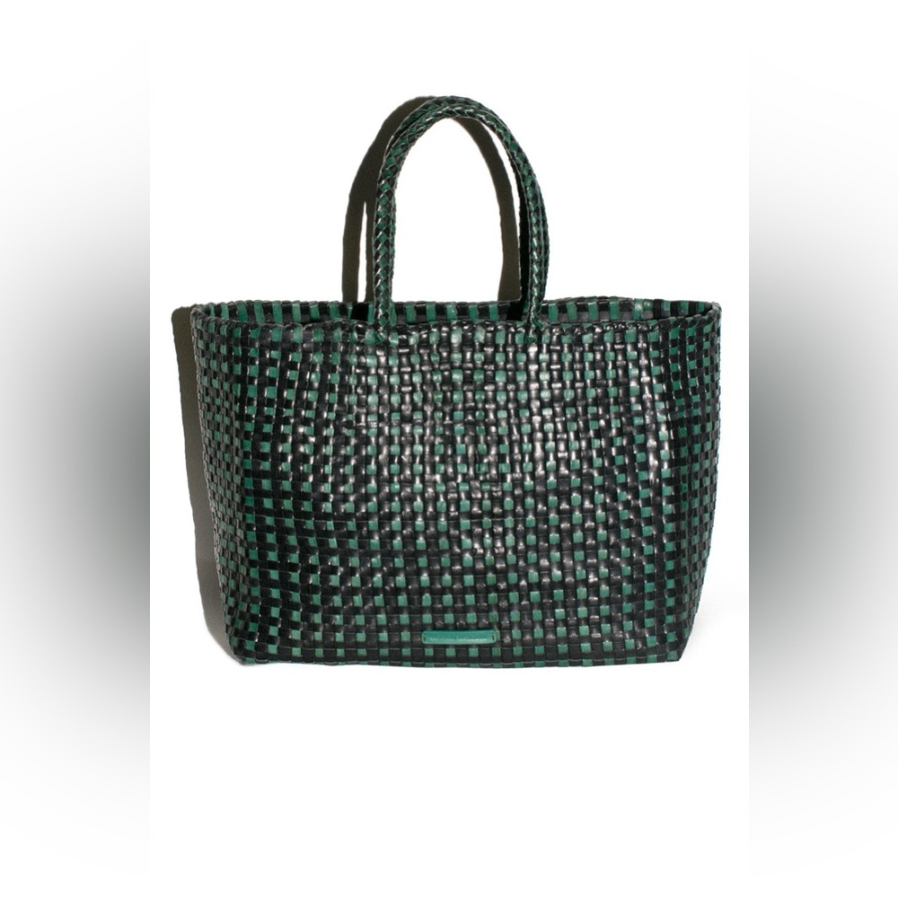 NWT Loeffler Randall Klara Black & Forest Large Square Check Leather Woven Tote